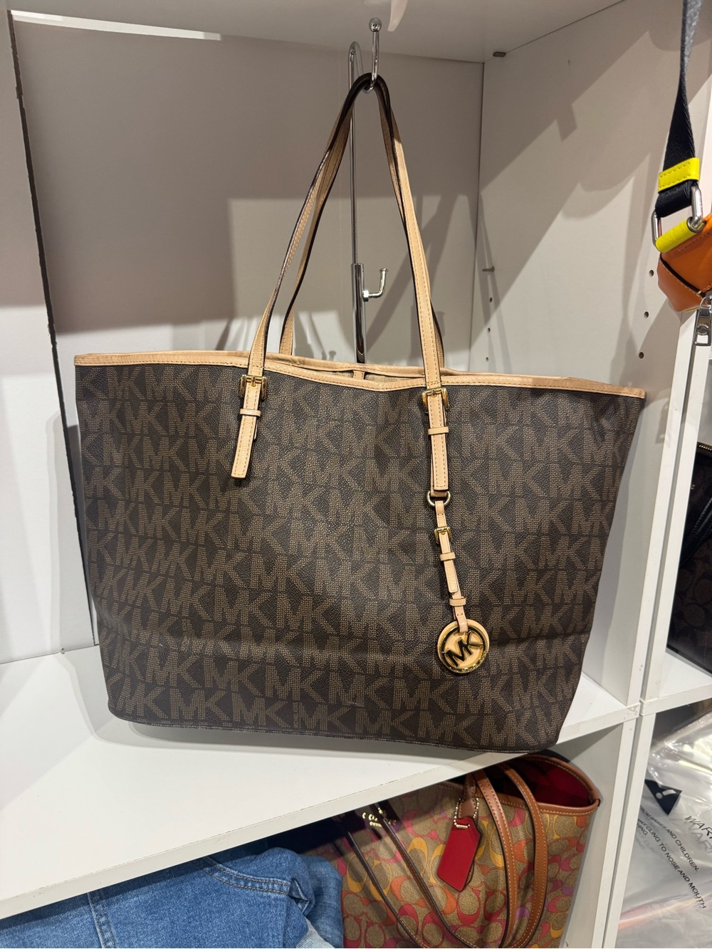 Michael Kors Brown Monogram Tote with Beige Trim and Gold Charm - Picture 2 of 4